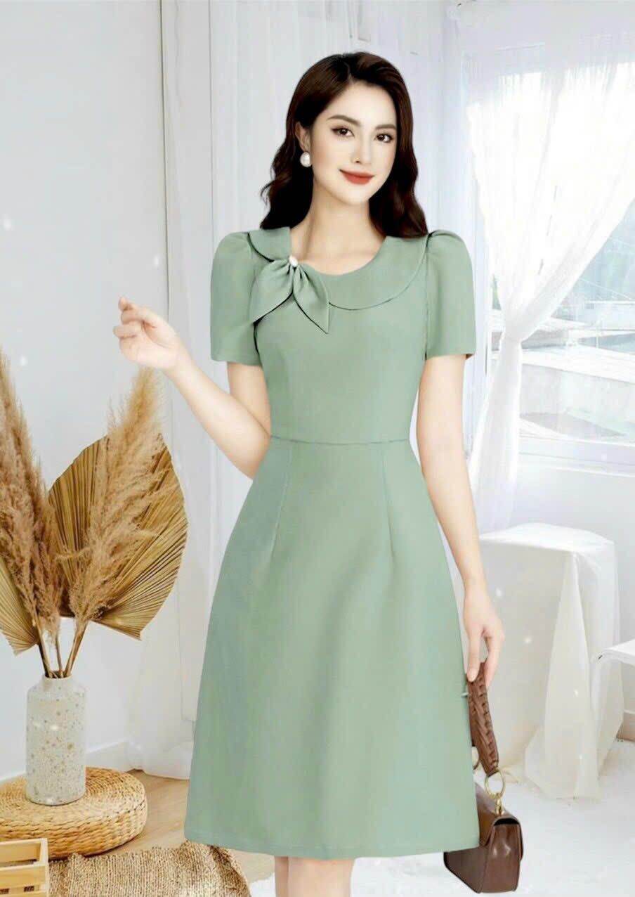 Đầm cổ sen lệch kết nơ fullsize