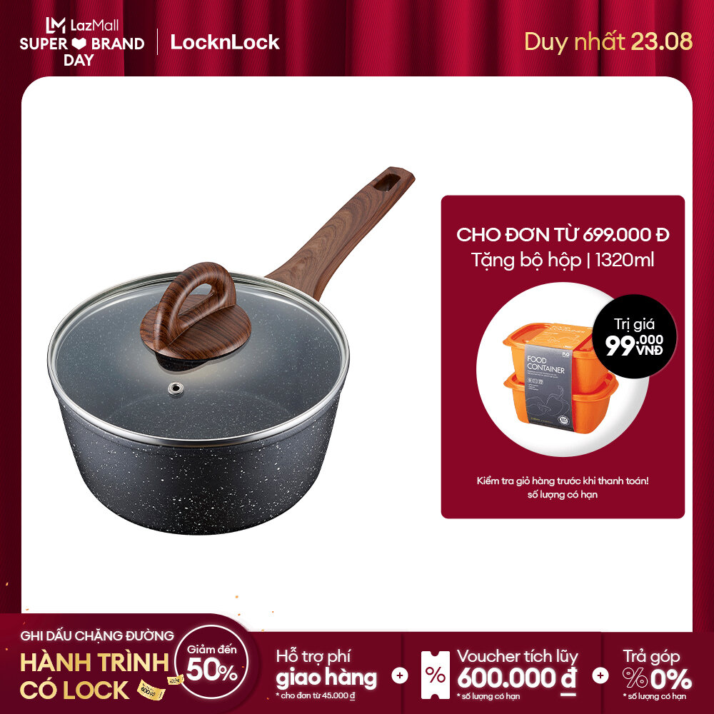 [Duy nhất 23.8 - Mua ngay] LBU1181 - Nồi nhôm sâu lòng chống dính Lock&Lock BAUM Marble 18cm 1 tay cầm nắp thủy tinh chịu nhiệt tốt. Hàng chính hãng