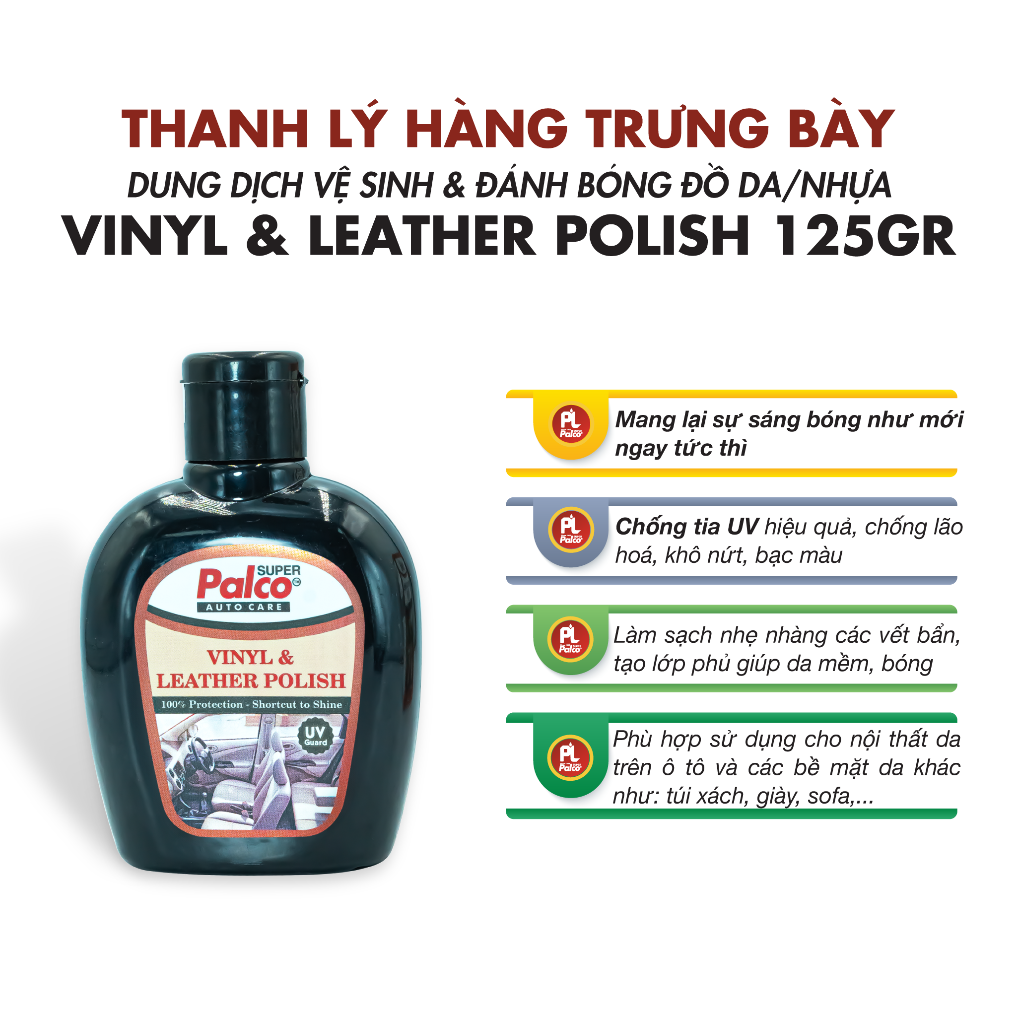 [THANH LÝ] Đánh Bóng Da Xe Ô tô, Đánh Bóng Đồ Da Bò, Giả Da, Làm Mềm Chống Khô Nứt Phai Màu Da PALCO VINYL & LEATHER POLISH 125g