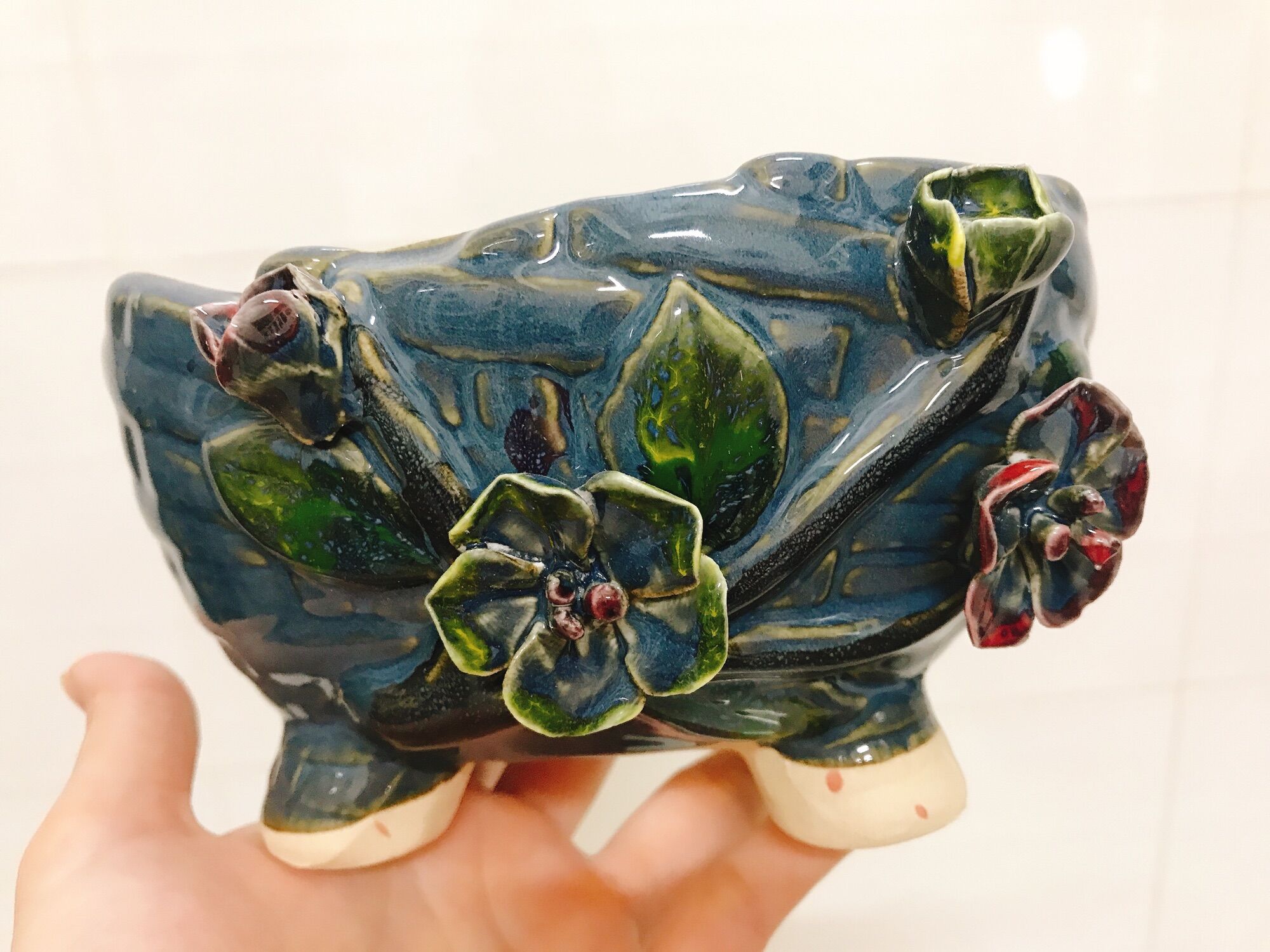 Chậu men đắp hoa 3D (thích hợp trồng sen đá sương rồng)
