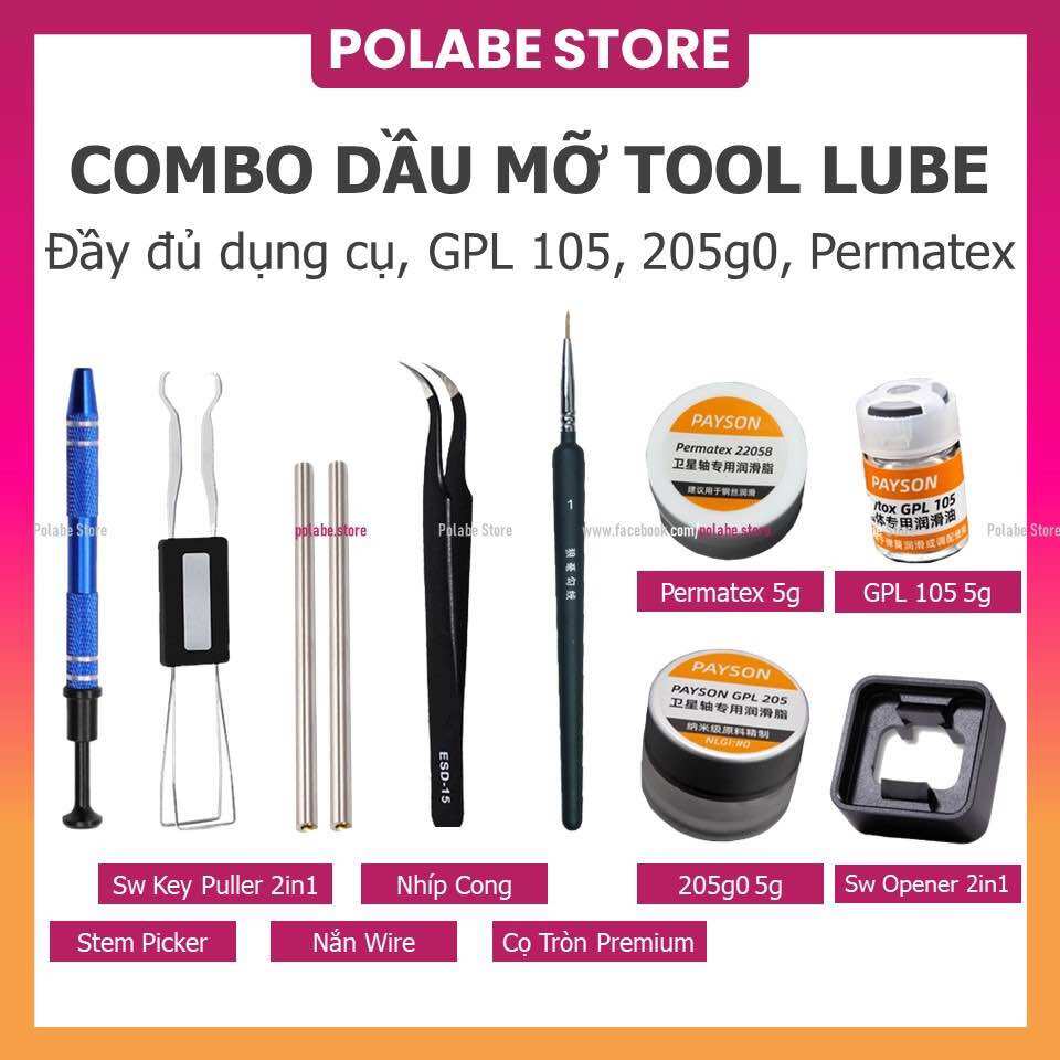 Bộ dụng cụ ADVANCED lube switch, lube stab bàn phím gồm switch puller HC, nhíp, cọ lube xịn, stem picker combo all in 1 dầu mỡ Krytox 205g0 GPL 105 - Polabe Store