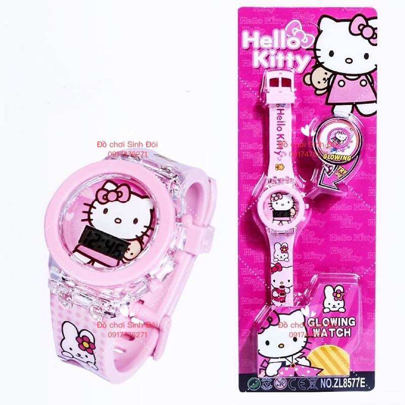Đồng hồ hình mèo hồng có đèn - đồng hồ bé gái
