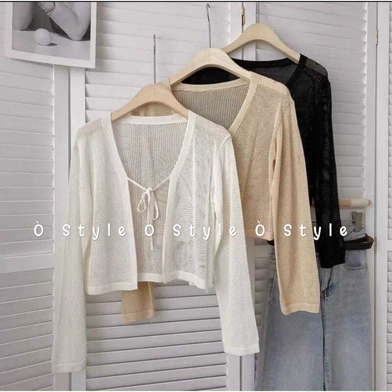 Áo khoác cardigan len mỏng dáng lửng buộc dây
