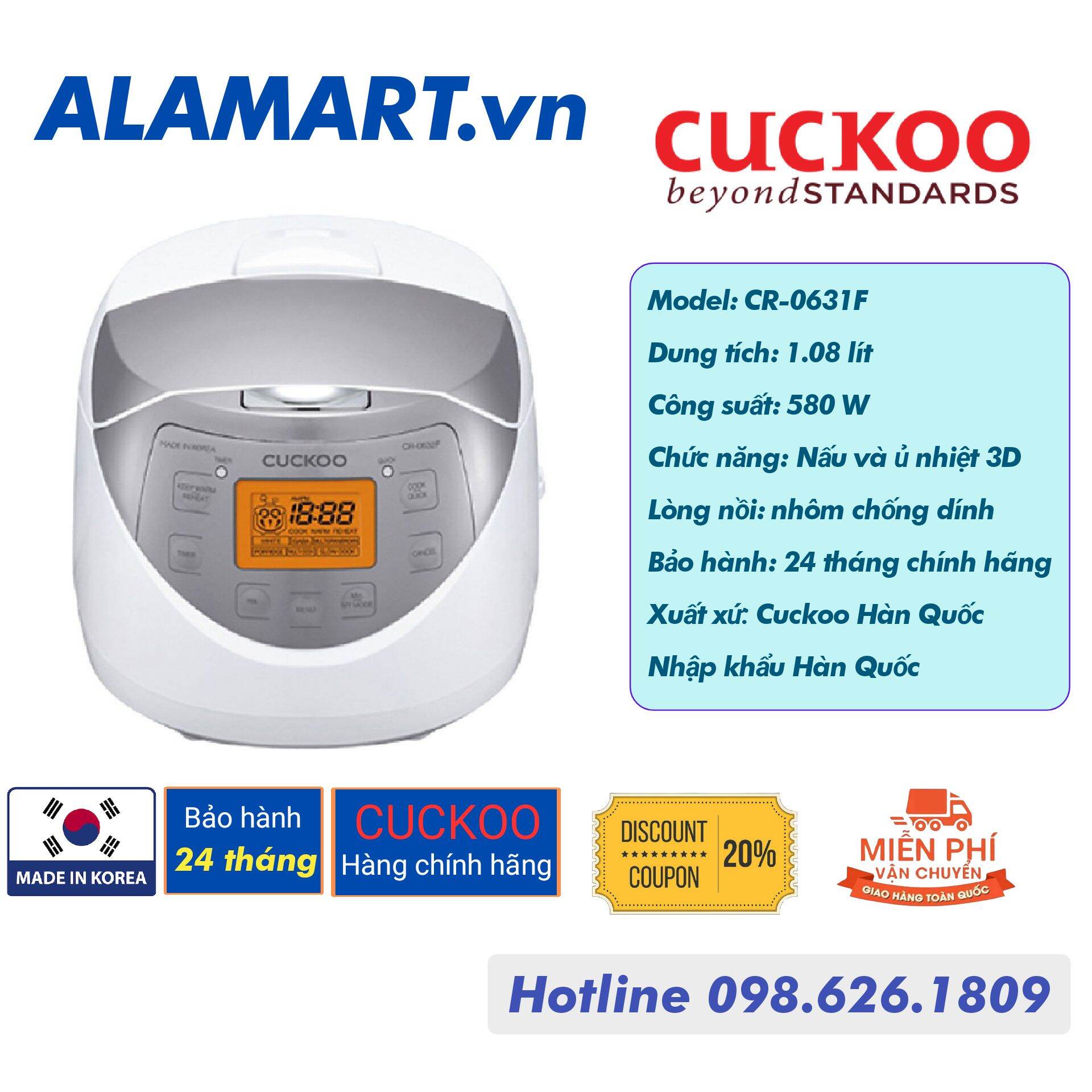 [HCM]NỒI CƠM ĐIỆN TỬ 1.08 LÍT CUCKOO CR-0631F Made in Korea dùng 2 - 4 người ăn 0.5kg gạo
