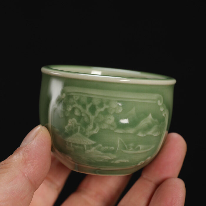 Cốc trà khắc hoa mai tử thanh gốm sứ gốm celadon, cốc trà gốm sứ thủ công ngô quốc hoa, bộ đồ trà kungfu, cốc chủ nhân, bát trà