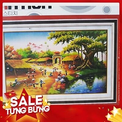 199x112cm Tranh thêu làng quê  thêu kín chưa thêu/ Tranh thêu chữ thập chưa thêu về tự thêu