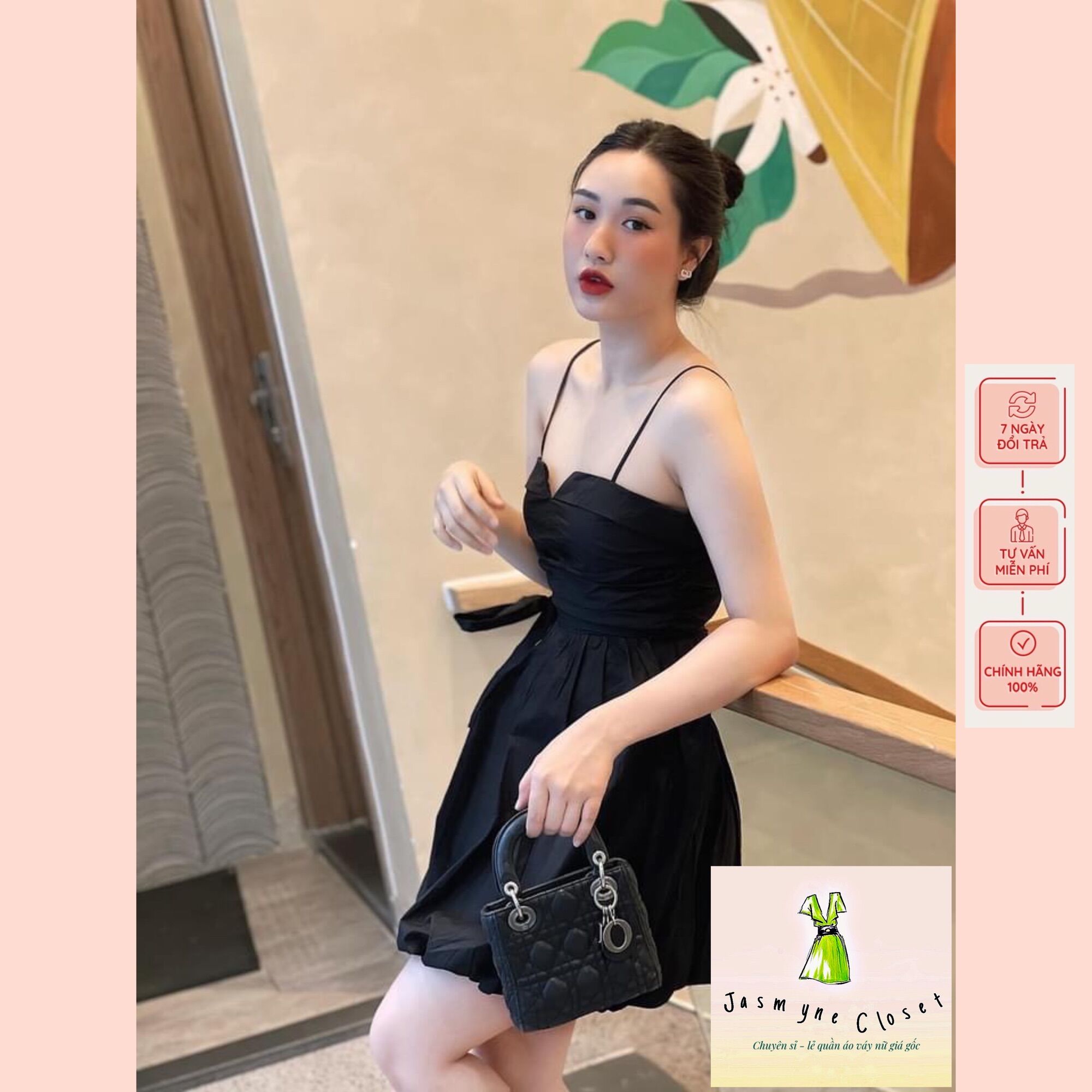 Váy 2 dây đen xòe thân cách điệu tiểu thư