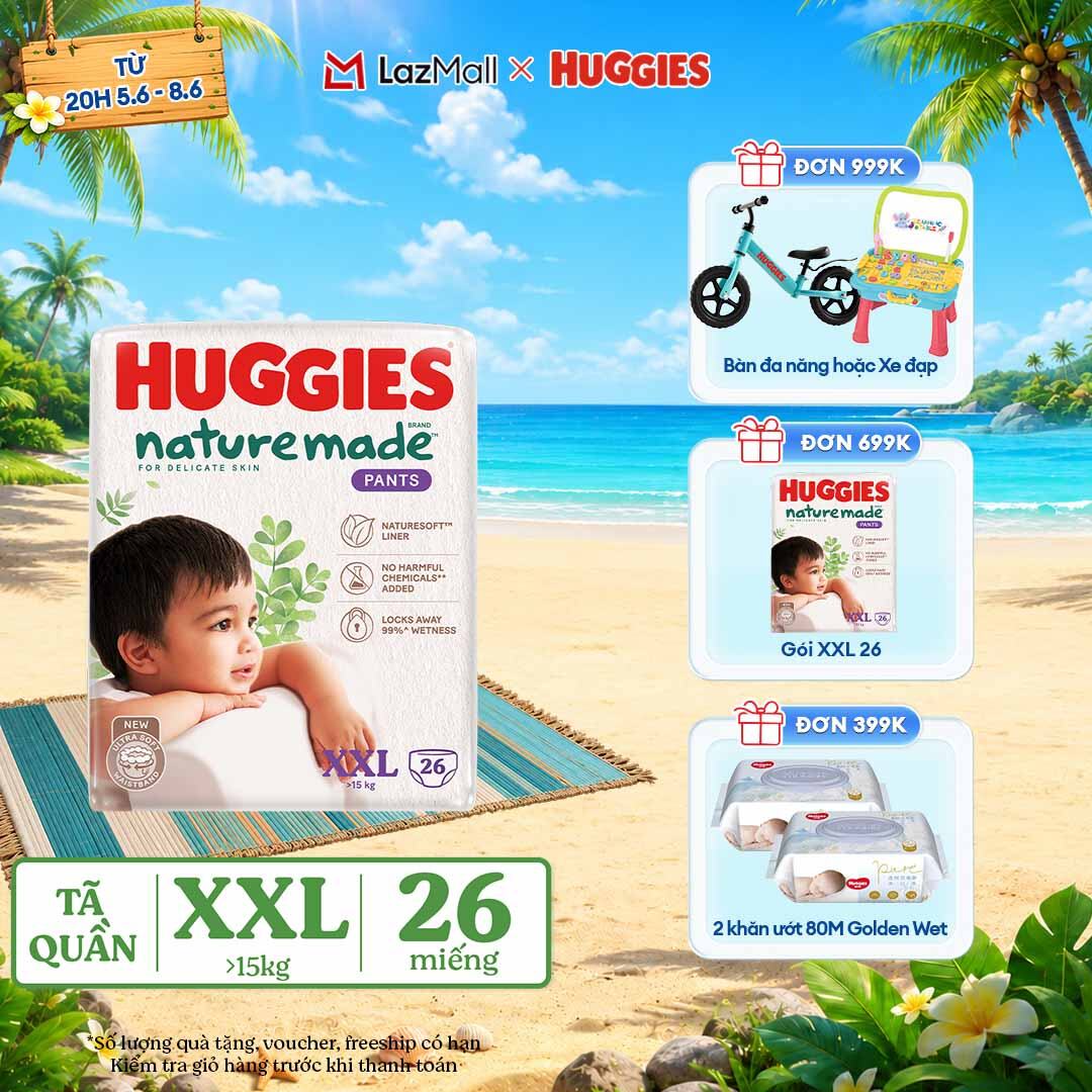 [CHỈ 9-10.6 QUÀ TẶNG ĐƠN 399K](Mua 1 tặng 1) Tã/Bỉm quần HUGGIES PLATINUM NatureMade XXL26 (Trên 15kg)-Gói Jumbo 26 miếng