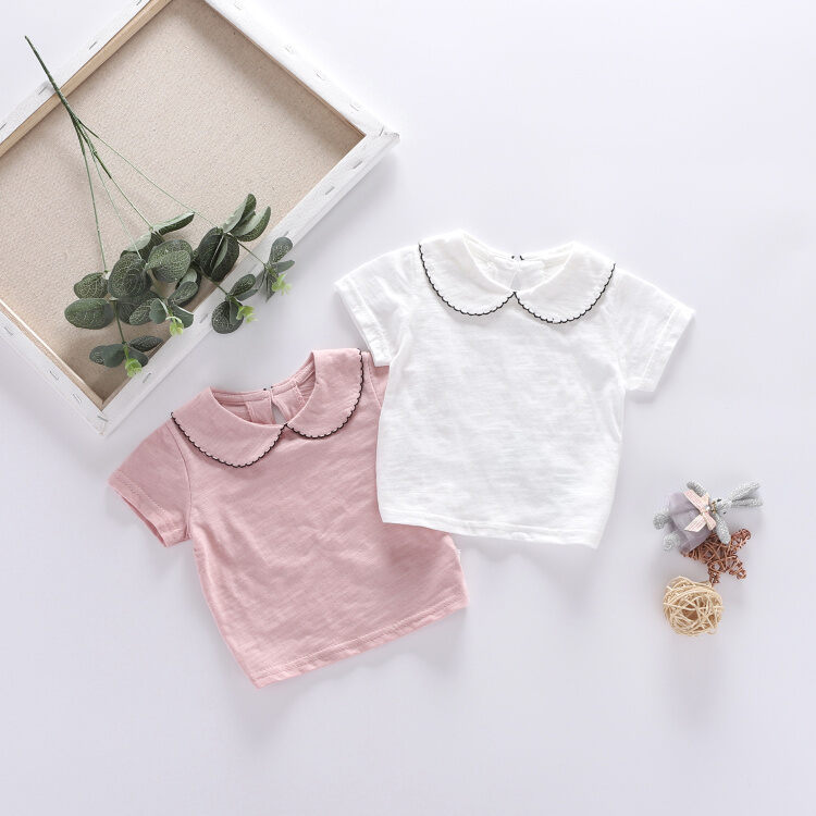 Mới Thời Trang, Sành Điệu Em Bé Viền Bèo Cổ Áo Tay Ngắn Màu Nguyên Chất Mỏng Mùa Hè Áo Cô Gái Nhỏ Dễ Thương Áo Phông Cotton, Vải Bông Vải Thấm Hút Mồ Hôi