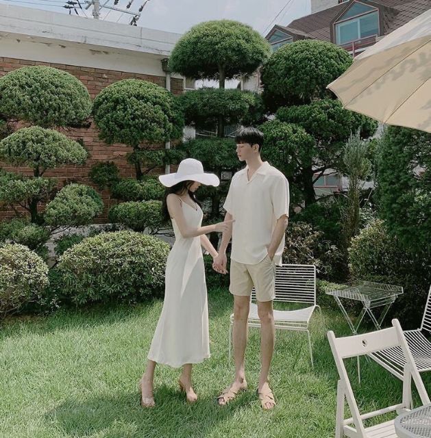 Set đồ đôi trắng váy nữ 2 dây cổ tim form suông đuôi cá