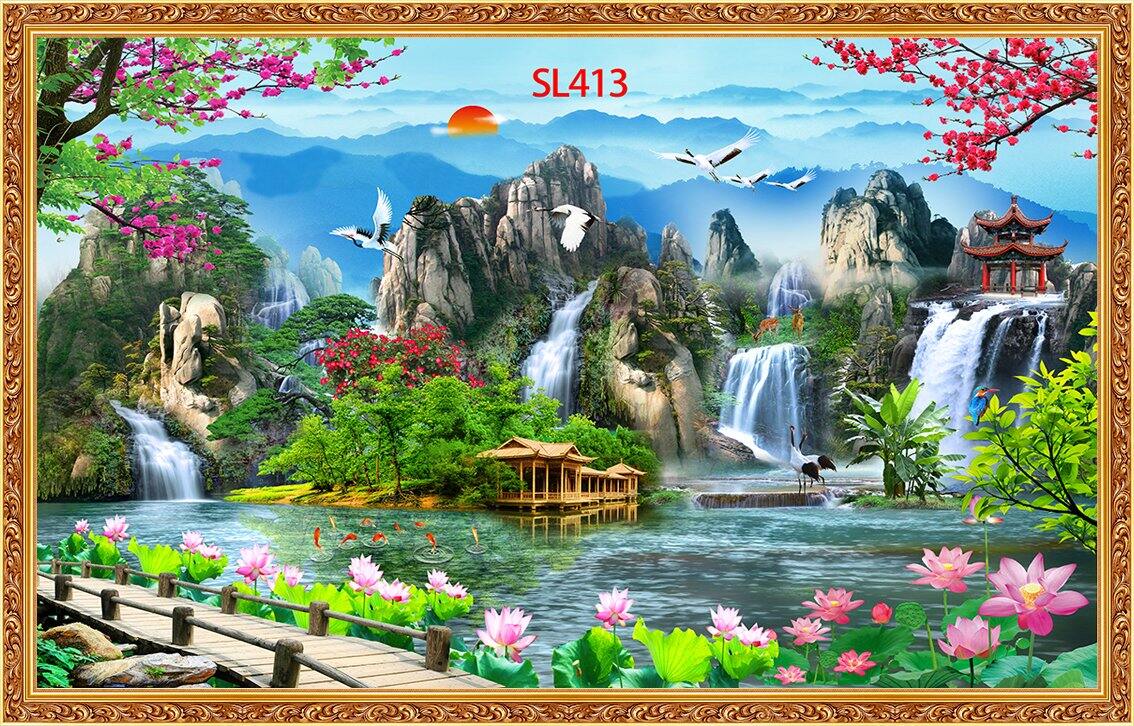 Tranh dán tường 3d sơn thủy hữu tình SL413 - Tranh phong cảnh núi non - Tranh hòn non bộ thác nước