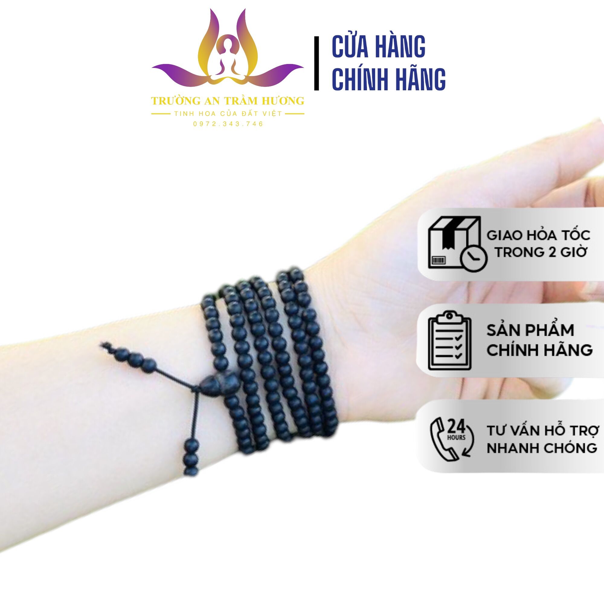 Vòng trầm 216 hạt size 4li đen thơm đậm Trường An, bảo hành hương thơm