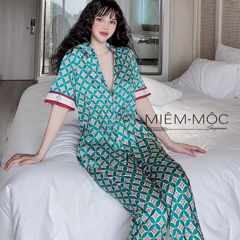 Pijama lụa cao cấp Quảng Châu áo cộc quần dài [ảnh thật]
