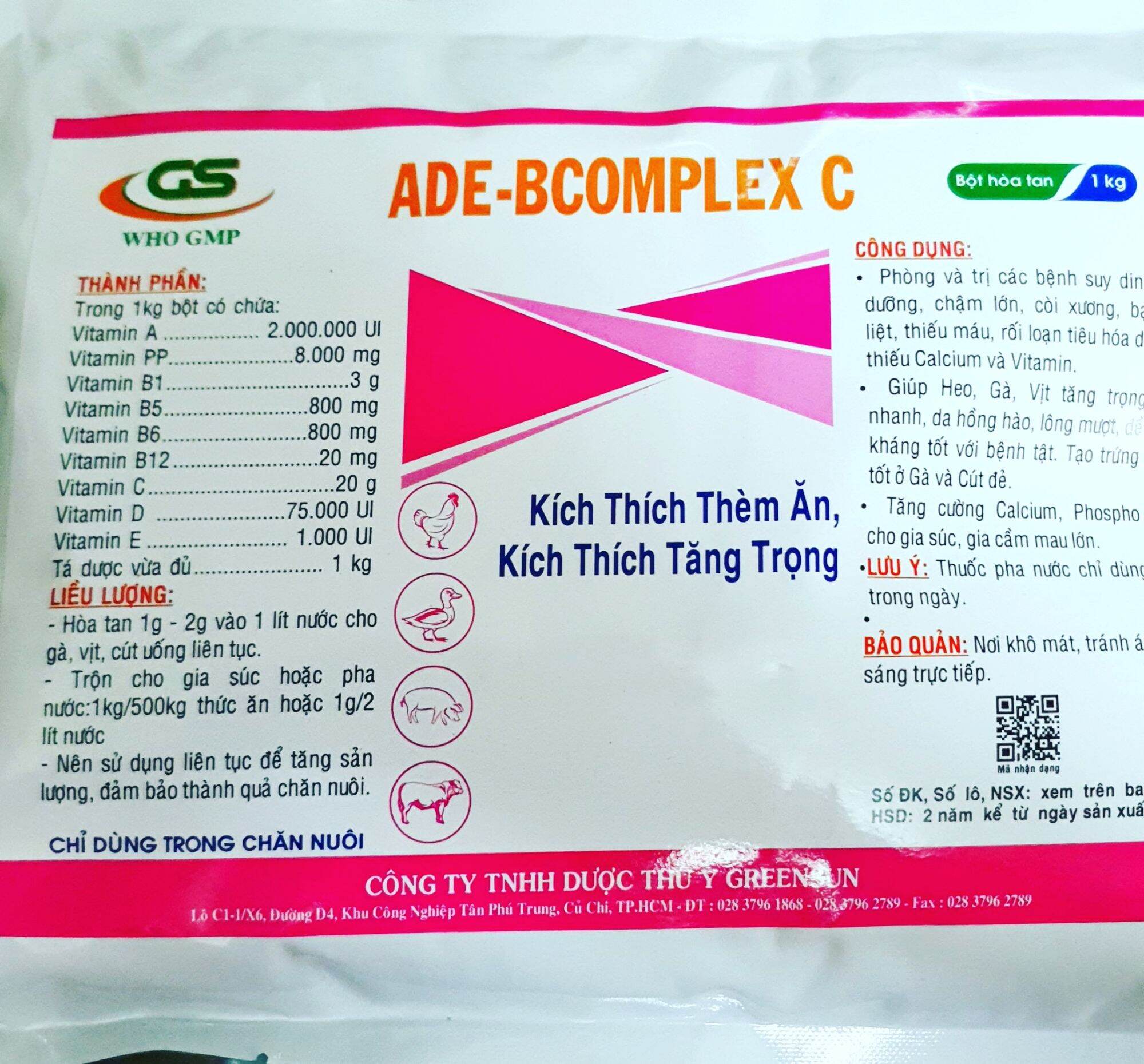 GS ADE B COMPLEX C (1 kg) - Vitamin tổng hợp + ADE kích thích thèm ăn chống còi hồng da mượt lông cho gà đá vịt heo bò