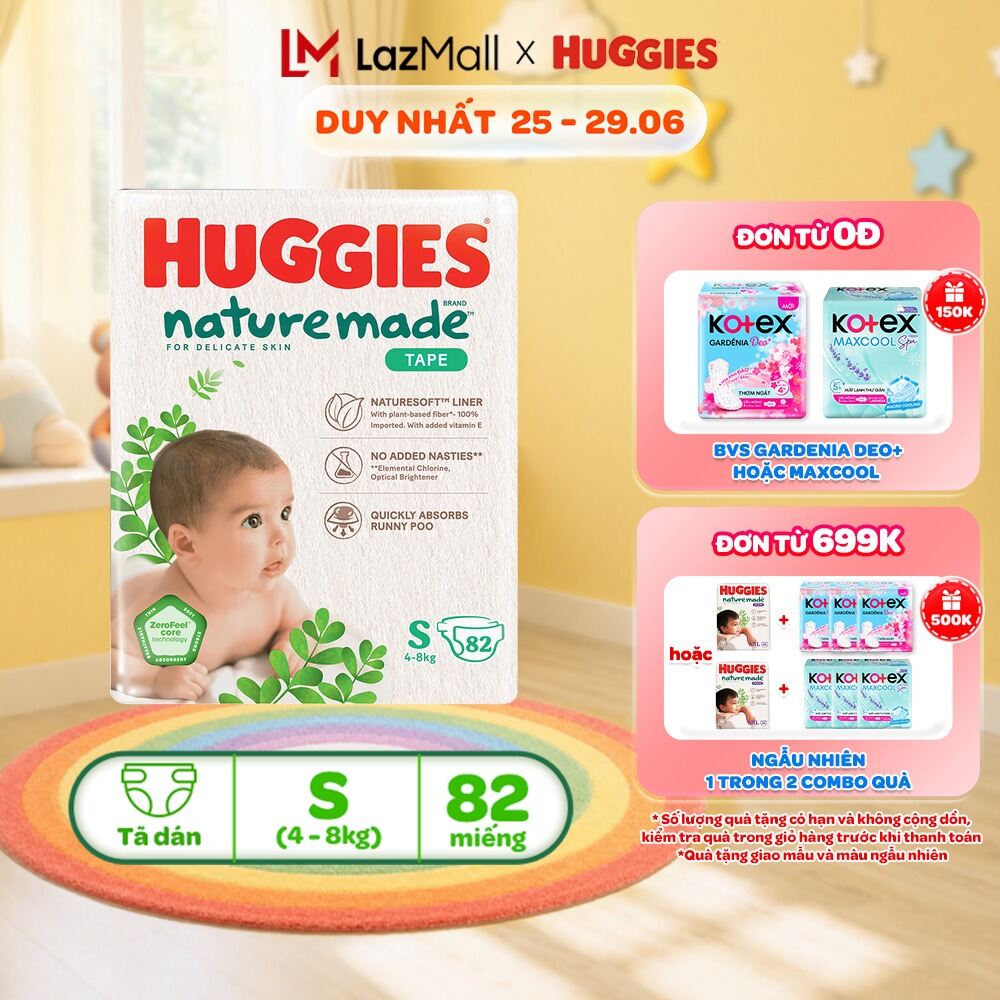 Tã/Bỉm dán Huggies NatureMade NB60/S82/M64/L54/XL44