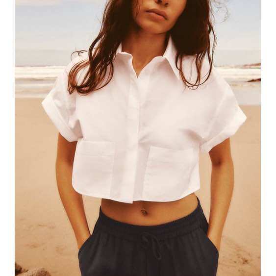 Áo zara sơ mi lụa tay ngắn dáng rộng croptop