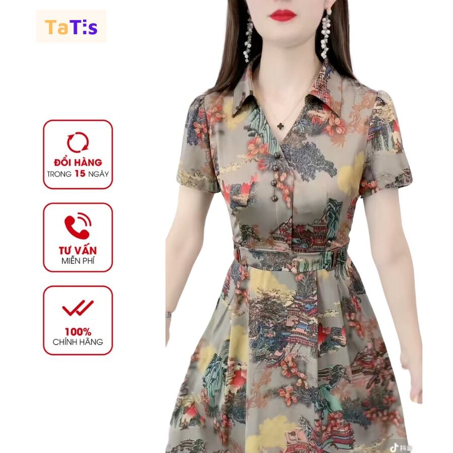 Đầm Trung Niên Thiết Kế Cao Cấp Cho Mẹ Dự Tiệc, Váy Nữ TATIS Tay Ngắn Sang Trọng, Áo Đầm Phụ Nữ Dáng Dài Size Đại.