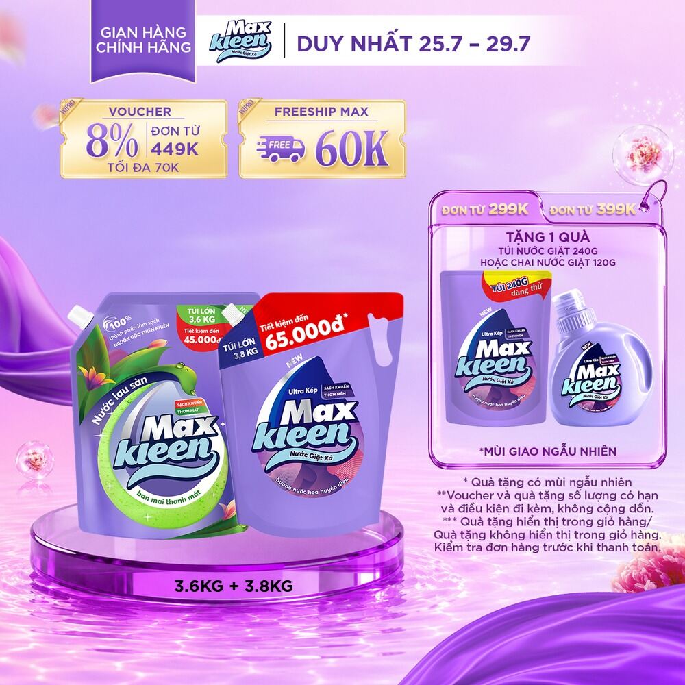 Combo Túi Nước Lau Sàn MaxKleen 3.6kg Ban Mai Thanh Mát + Túi Nước Giặt Xả MaxKleen 3.6kg/3.8kg (Hoa Nắng/Huyền Diêu/Vườn Sớm Mai/Thiên Nhiên)
