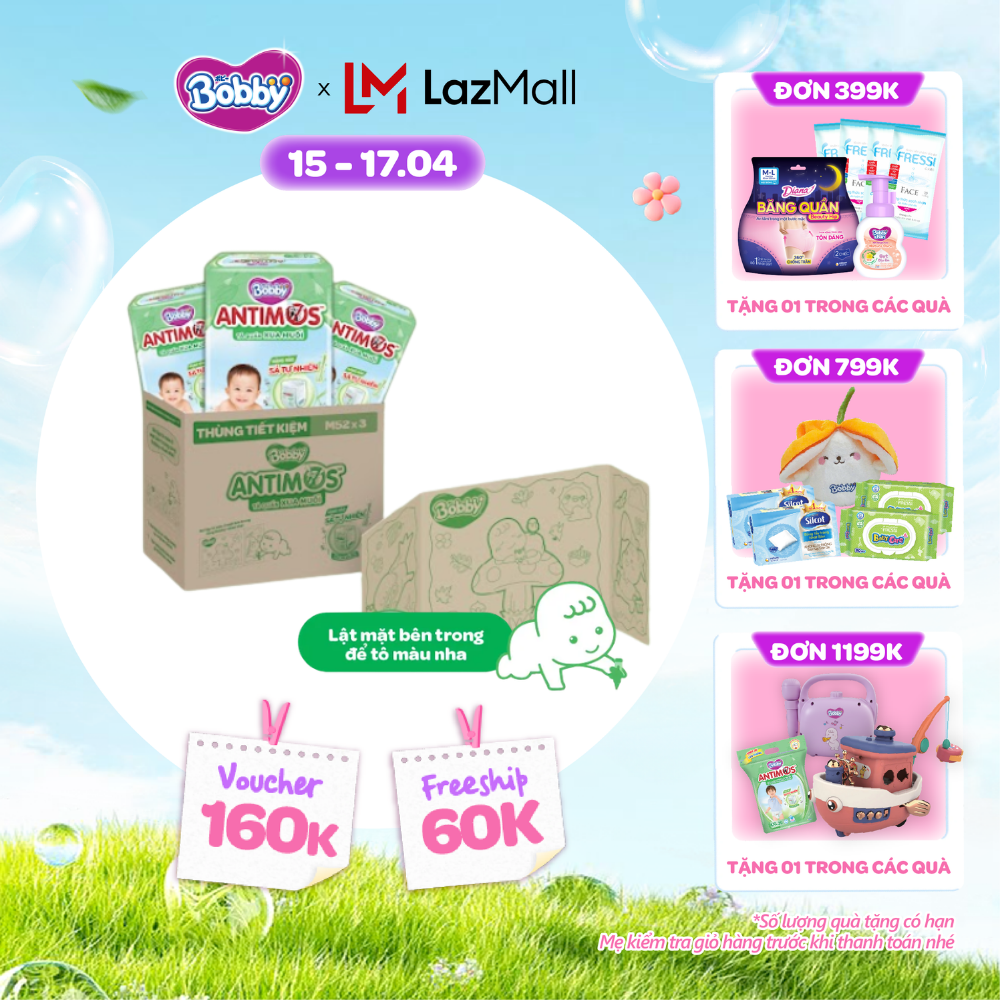 [CHỈ 18-24.04 QT Đơn 899K/1199K][THÙNG TIẾT KIỆM TÔ MÀU] Combo 3 gói tã Quần Xua Muỗi Bobby Antimos – Hàng rào Sả tự nhiên Bye Muỗi 8H - M52