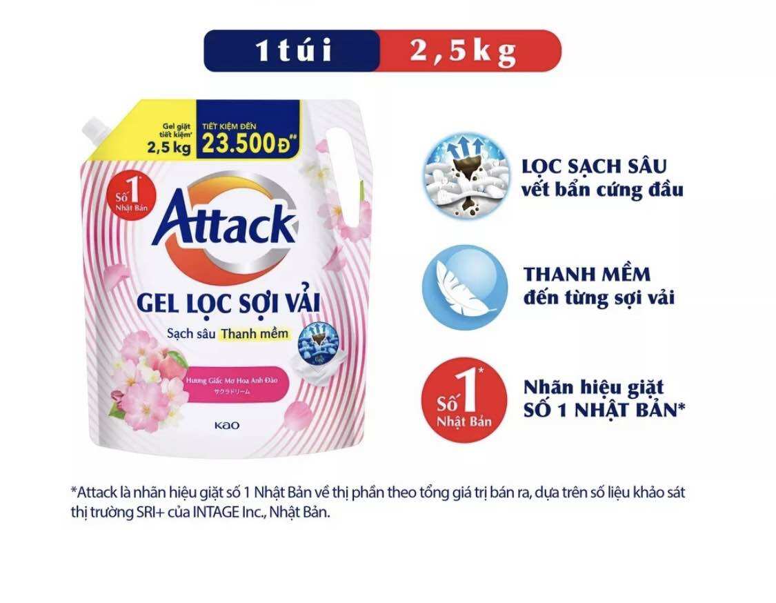 Nước giặt Attack mẫu mới gel lọc sợi vải đậm đặc mẫu mới túi 2,5kg của công ty kao công nghệ đến từ Nhật Bản