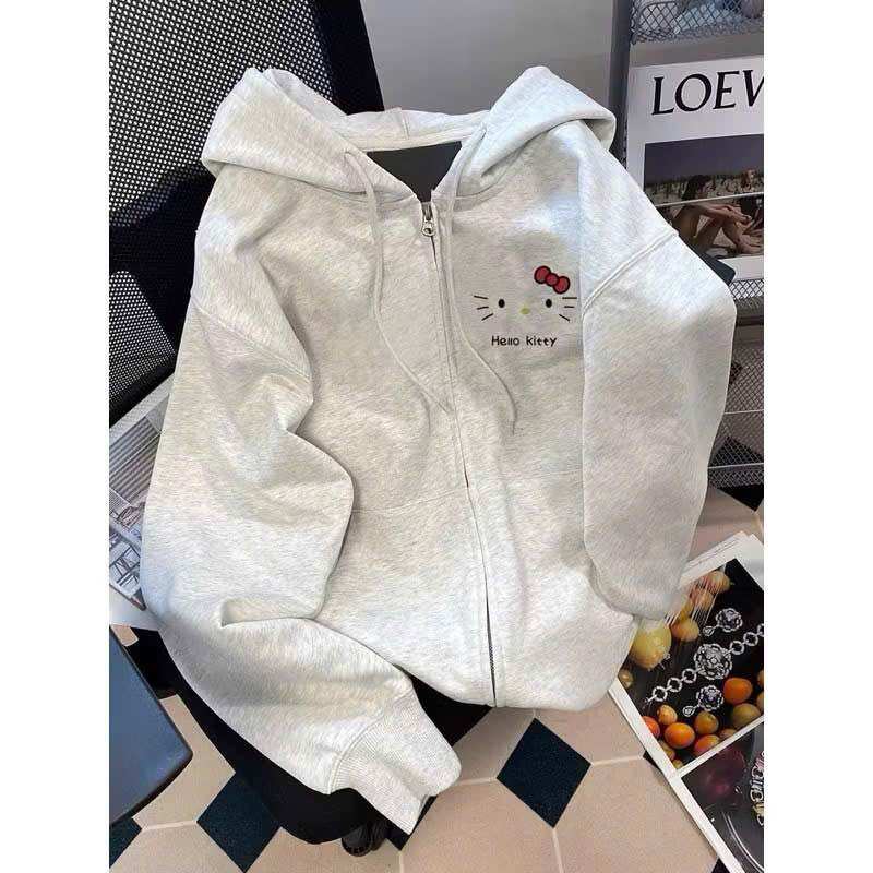  Áo Khoác Hoodie Zip Nữ HELLO KITTY Form Rộng Khóa Kéo Nón To 2 Lớp 