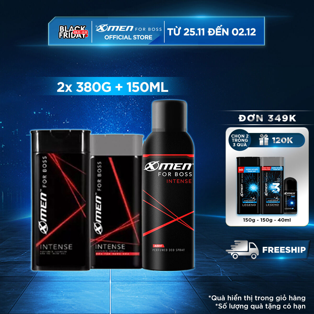 Combo Dầu gội Xmen For Boss Intense 380g + Sữa tắm 380g + Xịt khử mùi 150ml