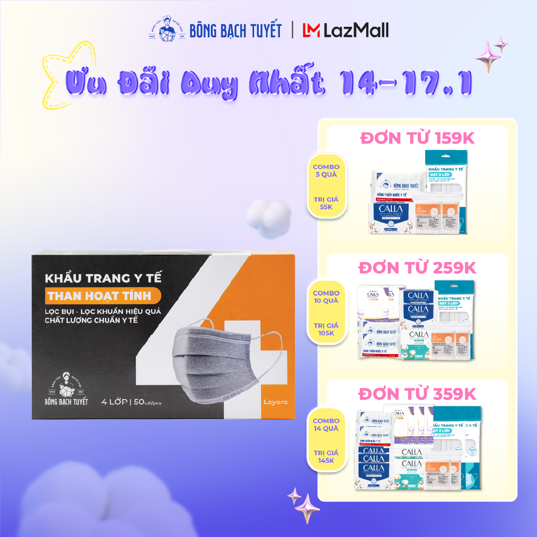 Khẩu trang Bông Bạch Tuyết than hoạt tính (50 cái/hộp)