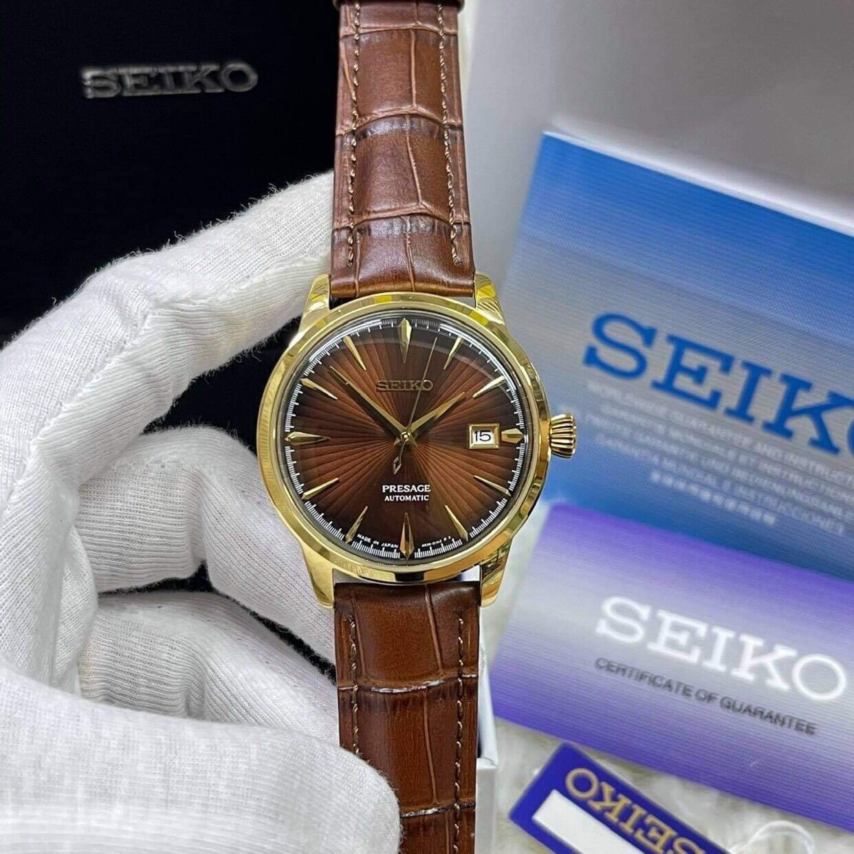 Đồng hồ nam Seiko Automatic Saphire cong mặt nâu