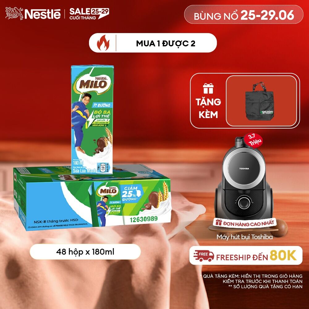 [ƯU ĐÃI THÁNG 6] [Giao hàng toàn quốc] Sữa lúa mạch Nestlé® MILO® ít đường thùng 48 hộp x 180ml (1x4x180ml)