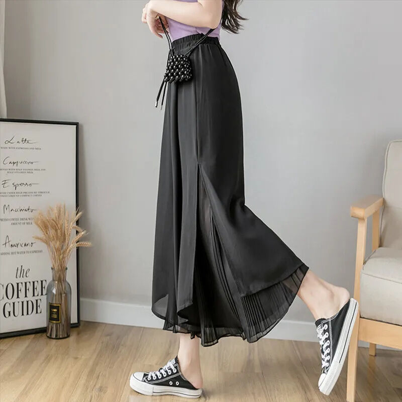 Quần Ống Rộng Lụa Lạnh Chiffon Chiffon 9 Tấc, Quần Váy Kiểu Mỏng 2022 Mùa Hè Cho Nữ, Quần Mặc Thường Ngày Bay Bổng Xếp Ly Cạp Cao Cảm Giác Rủ Xuống