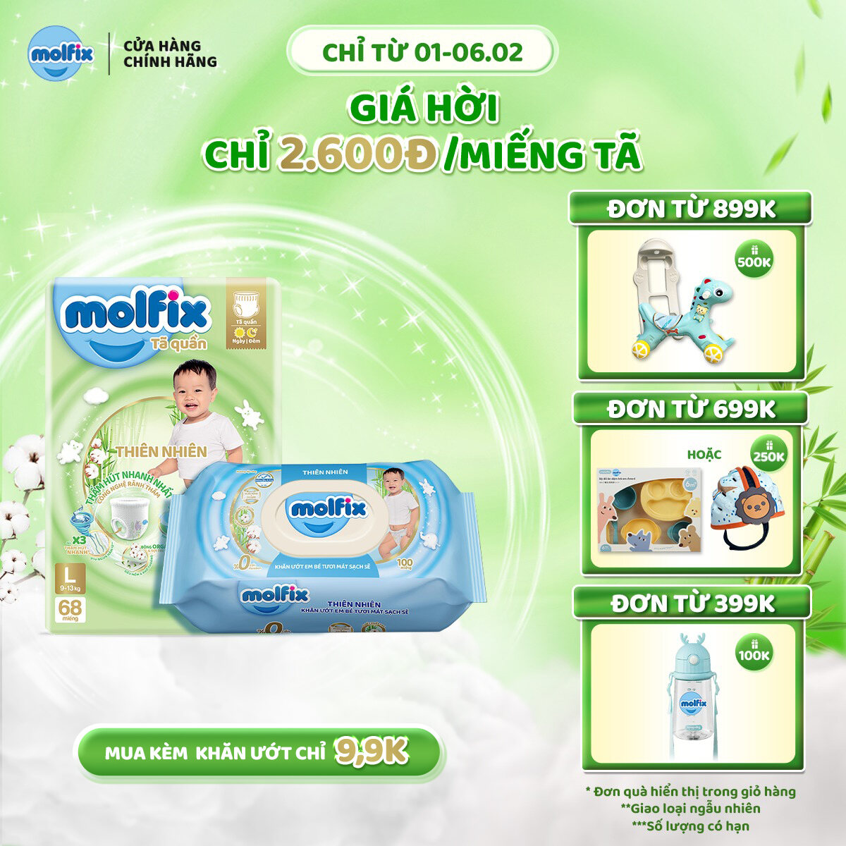 [Tã Quần Ultra L kèm Khăn Ướt] Tã quần Molfix Thiên nhiên Ultra L (9kg 13kg) Gói 68 miếng + Khăn ướt