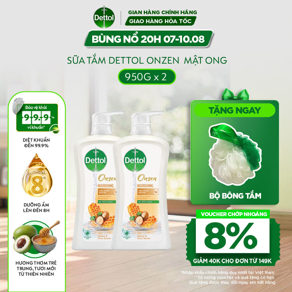Combo 2 Sữa tắm Dettol Onzen Dưỡng Da Mật Ong Kháng khuẩn Dưỡng Thể 950g