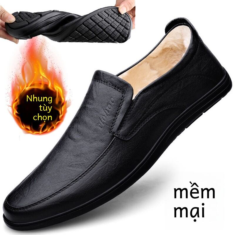 Giày Nam Lót Lông Cừu Ấm Áp Da Giày Trang Phục Công Sở Thoải Mái Slip-on Mềm Đáy Da Giày Bean Thoáng Khí Đế Ngoài Bằng Cao Su Mũi Tròn
