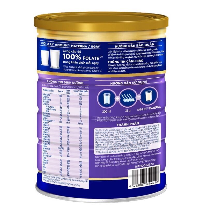 Sữa bột Anmum không thêm đường 800g