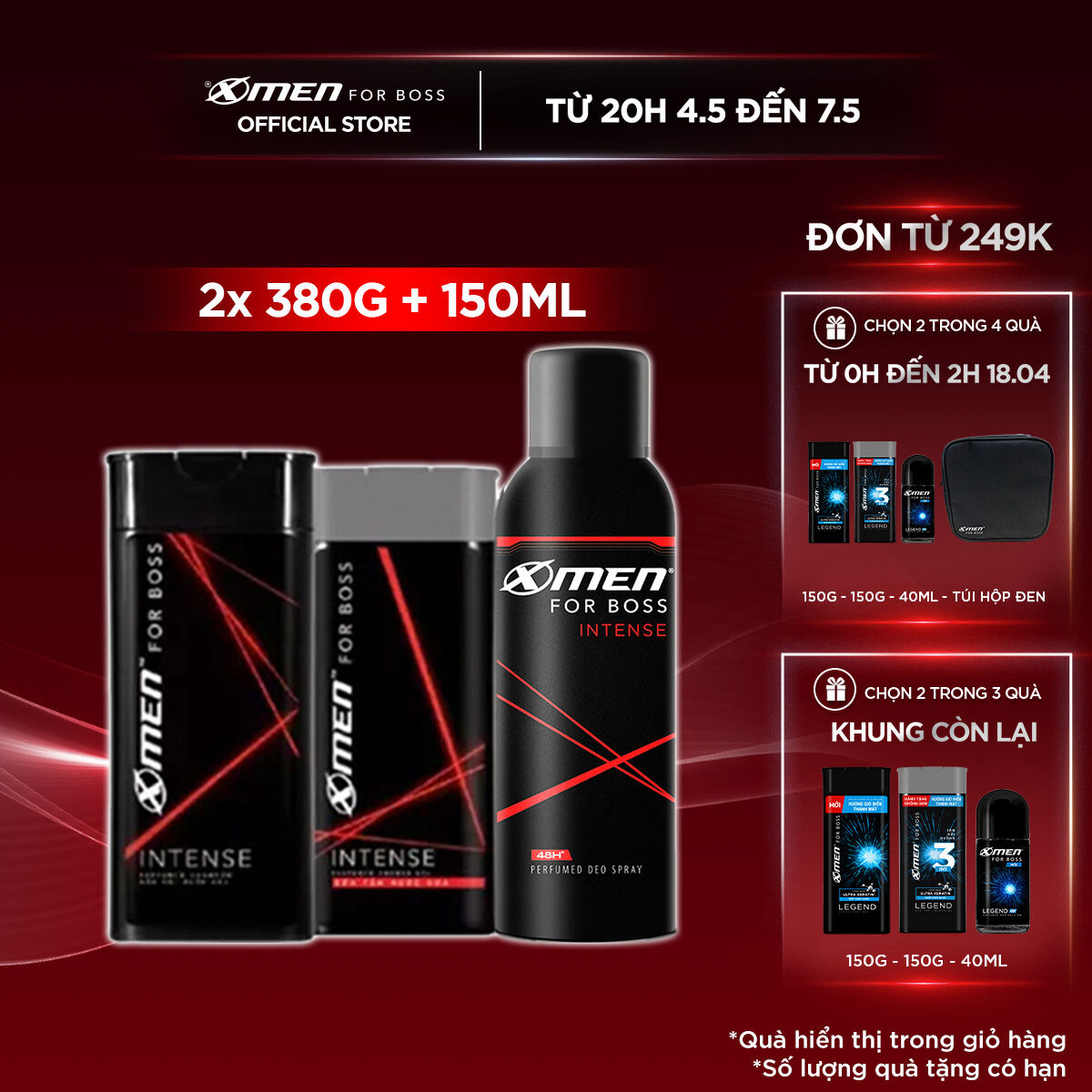 Combo Dầu gội Xmen For Boss Intense 380g + Sữa tắm 380g + Xịt khử mùi 150ml