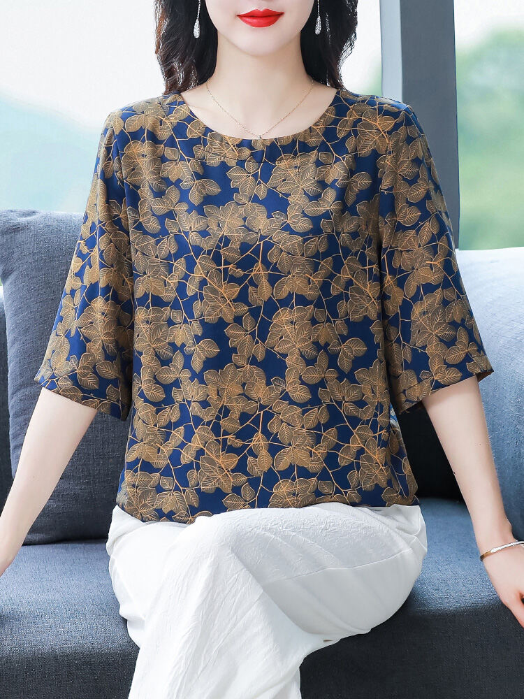 Retro Họa Tiết Hoa Dáng Rộng Băng Lụa Áo Thun Dành Cho Các Bà Mẹ Trung Niên Tay Bảy Điểm Mặc Mùa Hè 