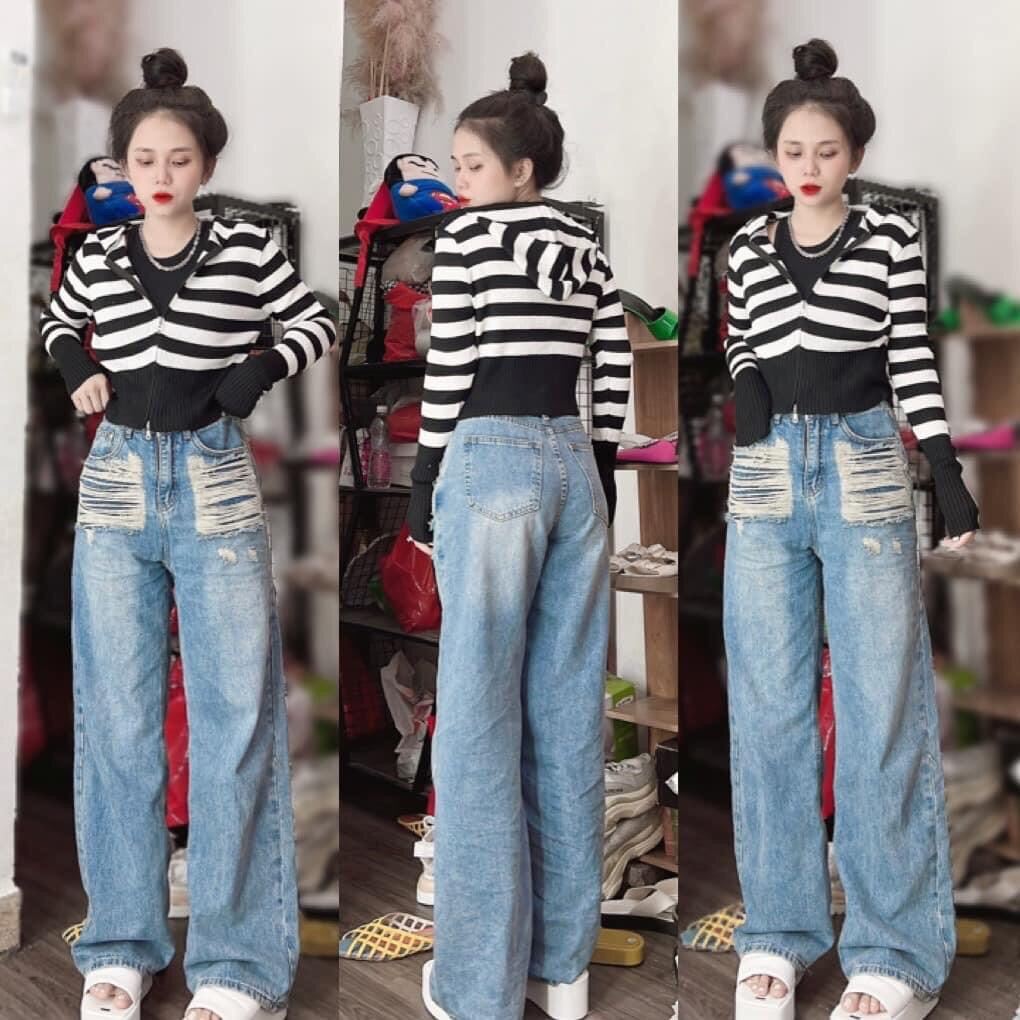 QUẦN JEANS ỐNG RỘNG NỮ LƯNG CAO RÁCH 2 MẢNG TÚI TO XANH LAI CUỐN CỰC HOT HIT SIÊU PHÁ CÁCH