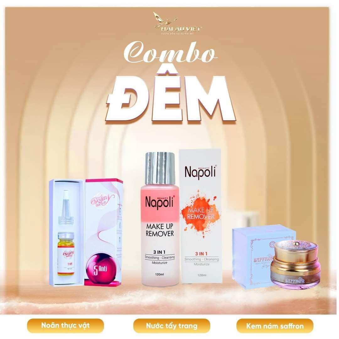 Khuyến mãi gói combo đêm noãn thực vật + tẩy trang 2 tầng thiên nhiên + kem nám saffron napoli chính hãng hải âu việt