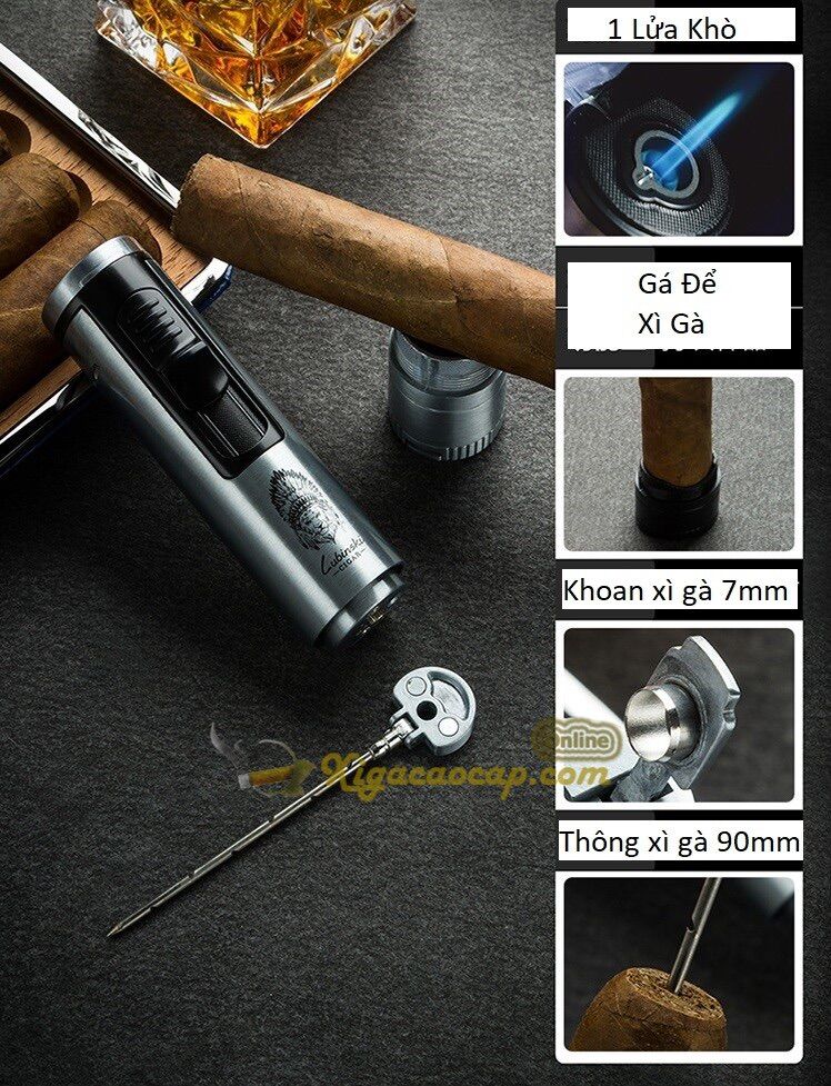 Hộp Quẹt, Bật lửa Khò, Bật lửa xì gà Lubinski 1 tia lửa kèm thông điếu,gá để,đục