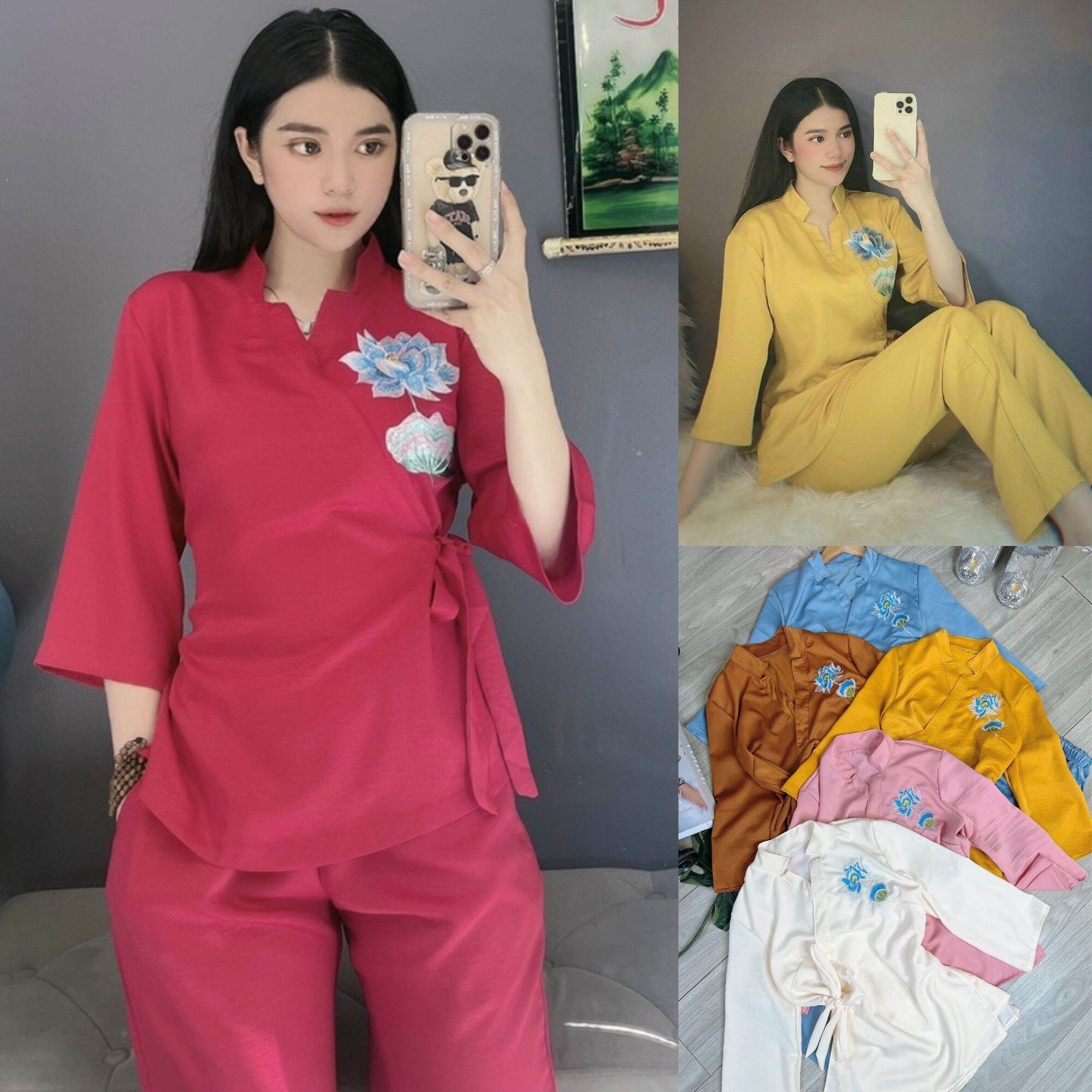 Sét bộ đồ lam đi chùa, đồ lam phật tử thêu hoa sen cao cấp