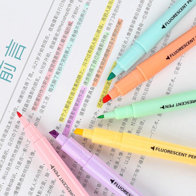 Set 6 Bút highlight pastel 2 đầu FLUORESCENT PEN (dupe STABILO)