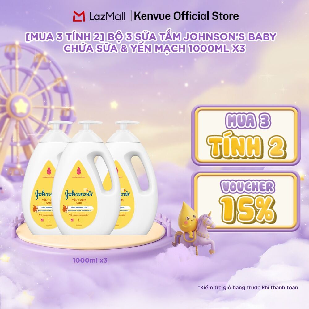 [Mua 3 tính 2] Combo 3 Sữa tắm Johnson's Baby Chứa Sữa Gạo  Yến Mạch 1000ml/chai
