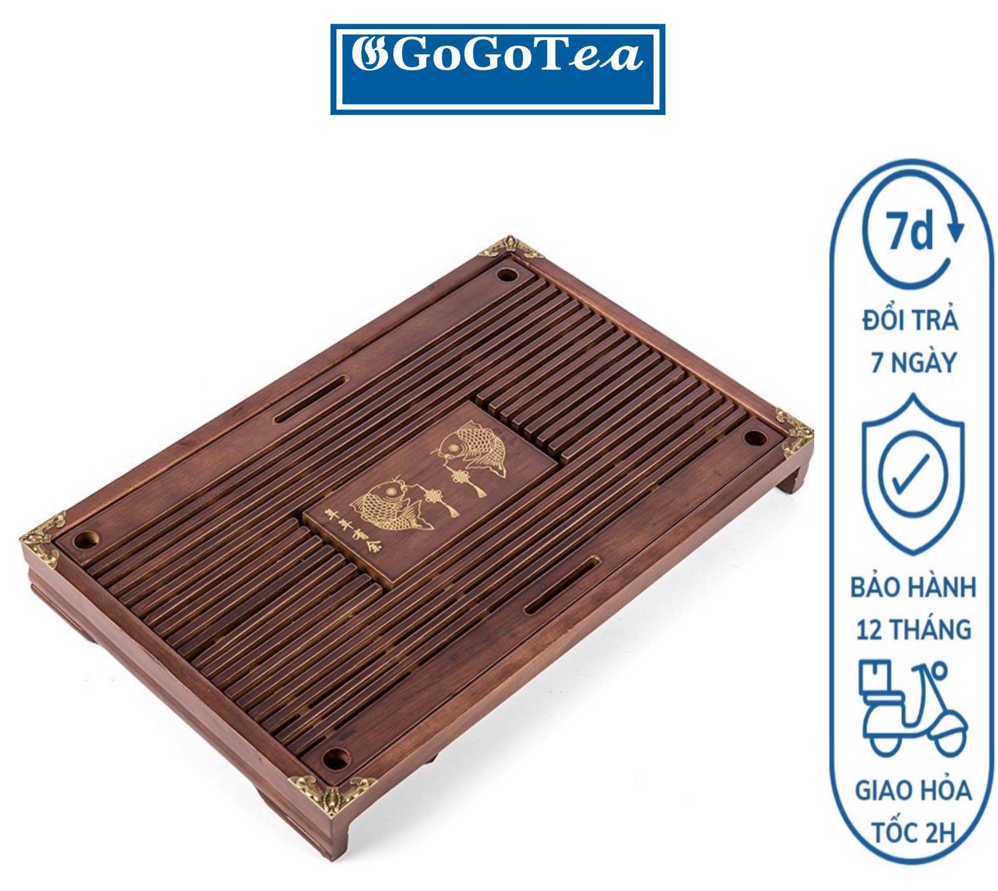 Khay Gỗ Ấm Chén Bọc Viền Đồng 43x28x5.5