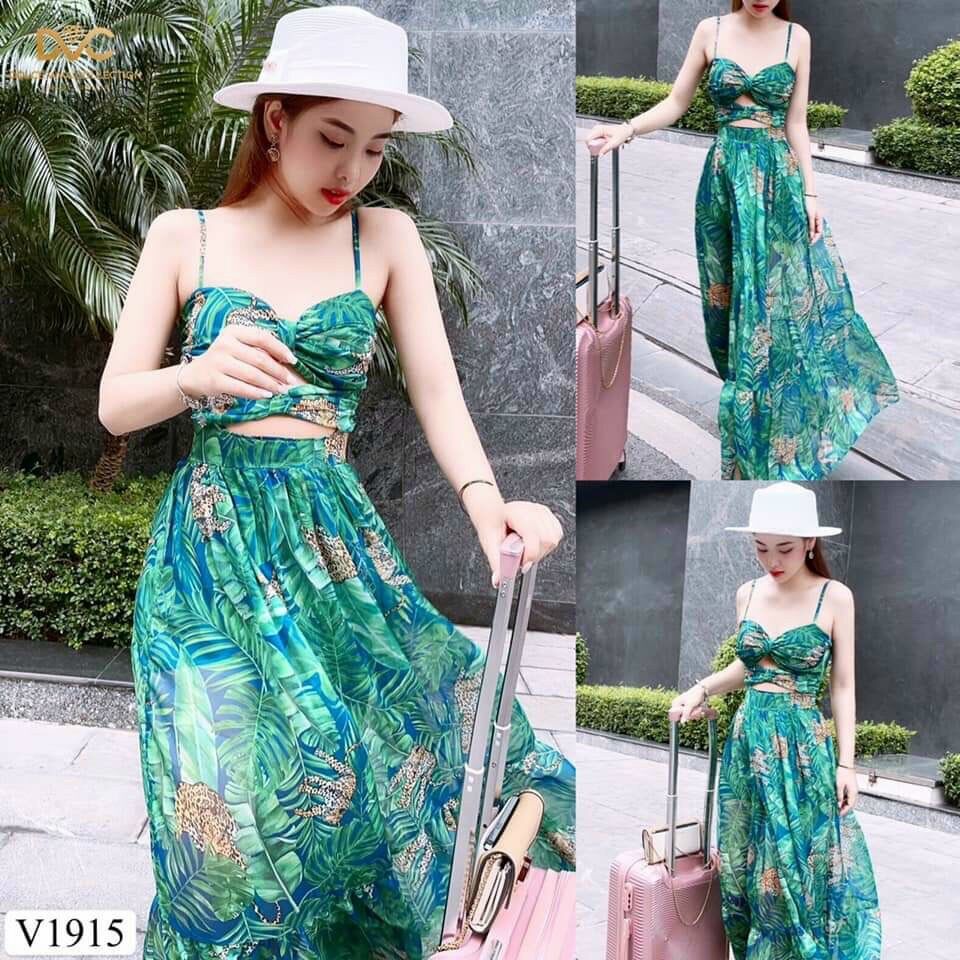 Đầm maxi voan hoa xanh hai dây khoét eo xẻ tà du lịch đi biển