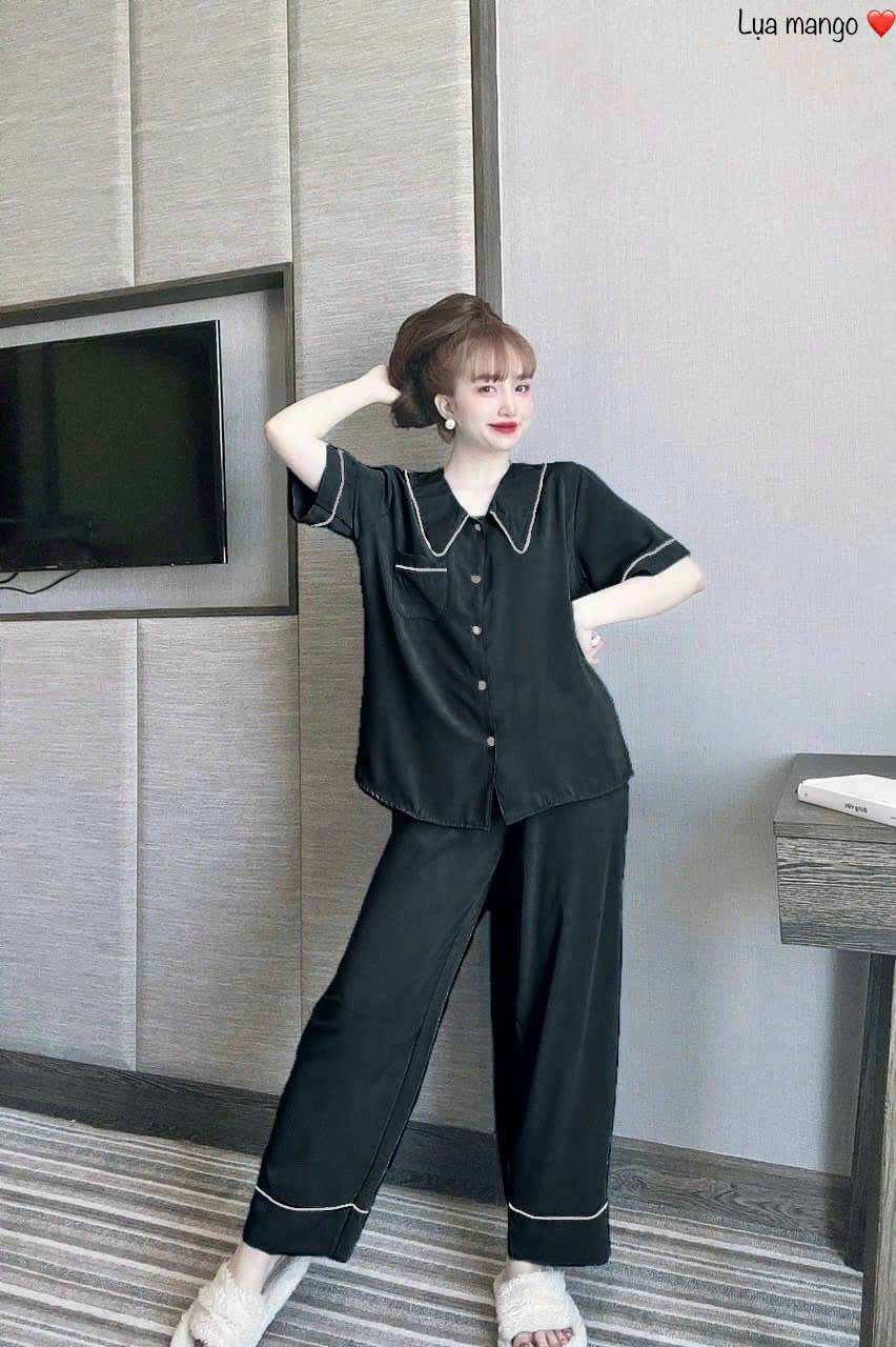 (55-75kg) Đồ Bộ Lụa Mango Phối Viền Đơn Giản - Thanh Lịch