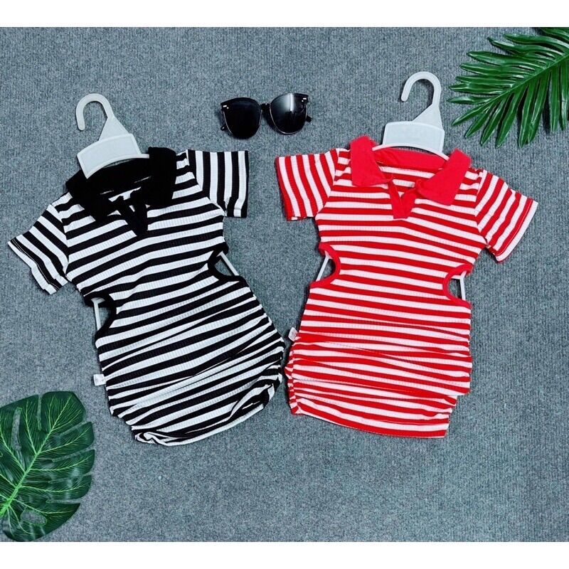 Đầm body sọc 2 màu đen & đỏ bé gái