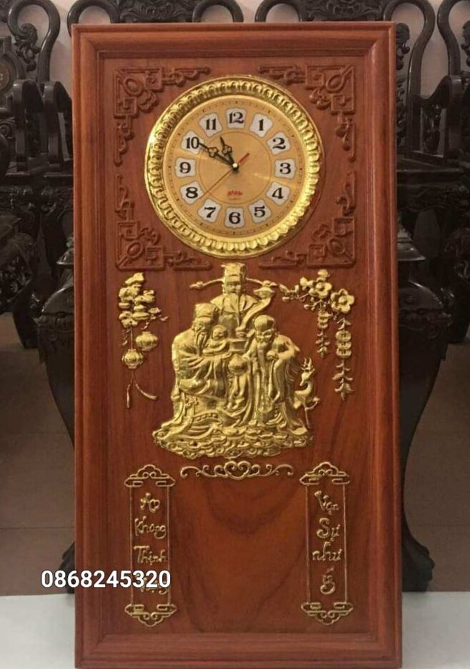 Tranh đồng hồ treo tường trạm khắc phúc ,lộc ,thọ ,bằng gỗ hương đỏ