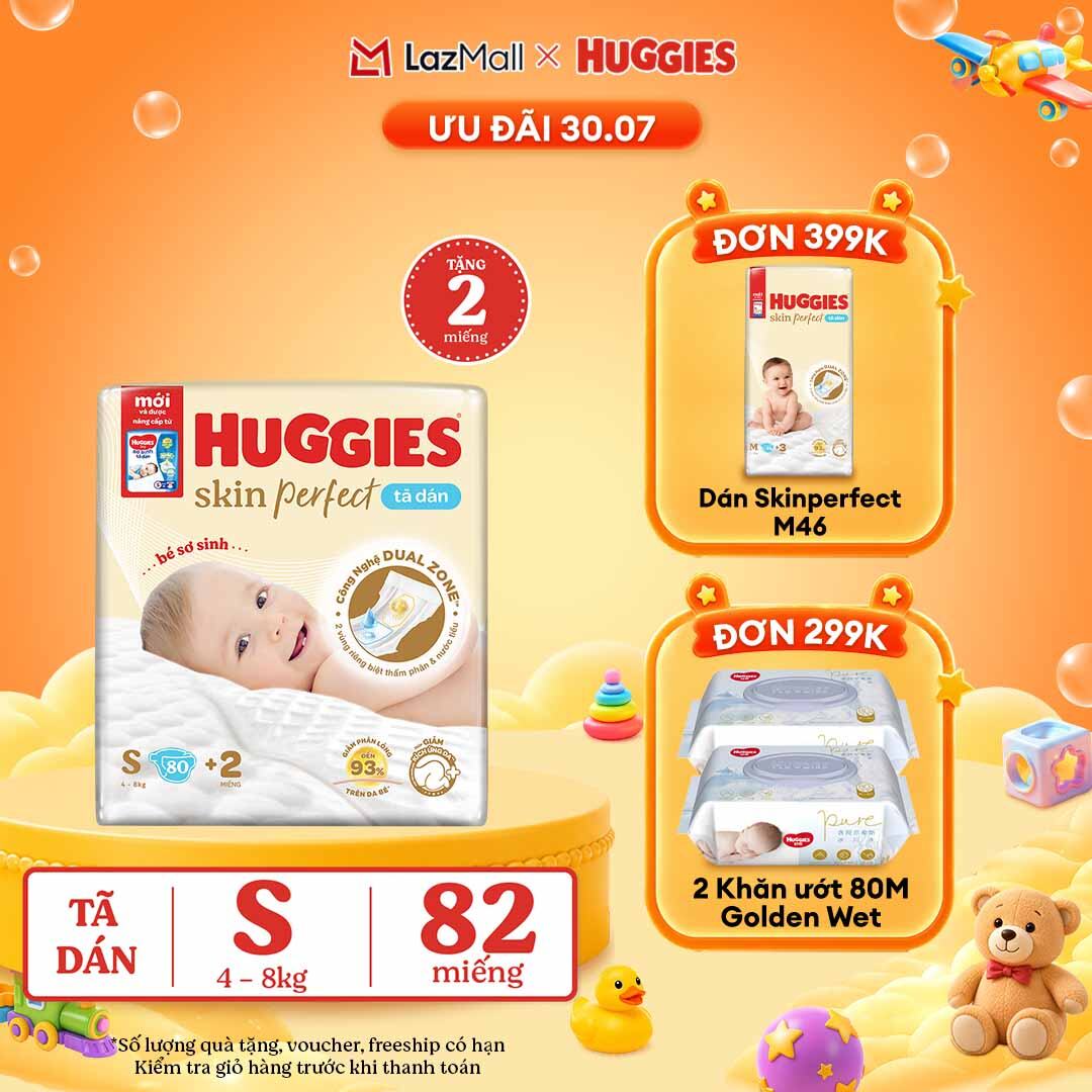 [30.7 QUÀ TẶNG ĐƠN 0Đ]  Tã/Bỉm dán sơ sinh Huggies Skin Perfect S80 - 80+2 miếng
