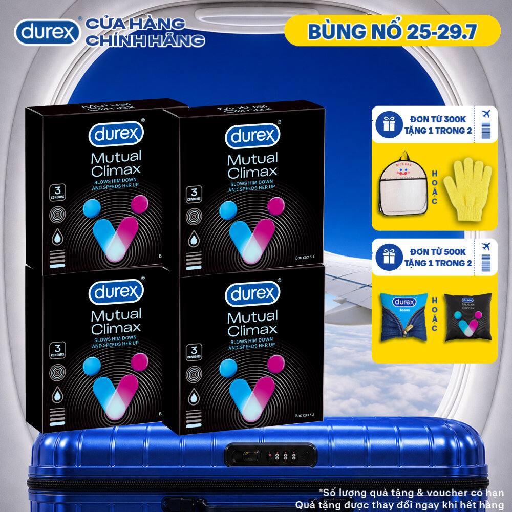 [SẢN PHẨM MỚI] Bộ 4 bao cao su Durex Mutual Climax kéo dài thời gian và gân gai, size 52.5 mm, hộp 3 bao