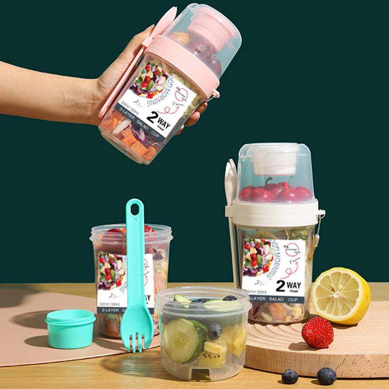 Bộ Cốc Salad Sữa Chua Đậu Nành Ăn Sáng Với Nắp Cốc Nước Sốt Nĩa - Hộp Nhựa Bento Tupperware Bát Bảo 